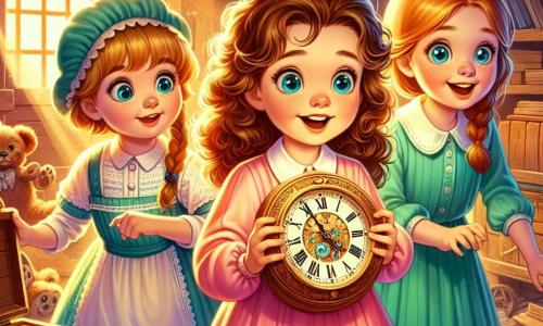 Trois petites filles de six ans, Élise, Zoé et Lila, se tiennent côte à côte dans un grenier poussiéreux. Élise, avec des cheveux bruns et bouclés, porte une robe rose et tient une montre ancienne. Zoé, aux cheveux blonds, est en robe bleue et regarde la montre avec curiosité. Lila, avec des cheveux châtains et une tresse, porte une robe verte et affiche une expression joyeuse mais inquiète. La lumière du soleil filtre à travers une fenêtre, créant une ambiance douce. Elles découvrent une montre magique, prêtes pour une aventure dans le temps, entourées d'un tourbillon de lumière colorée.