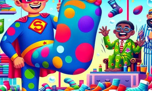 Un super-héros, Super-Pied, se tient au centre de l'image avec des pieds géants en forme de ballon de plage, un sourire éclatant et un costume coloré avec un grand S sur la poitrine. À ses côtés, Super-Cactus, un homme d'environ 30 ans avec un cactus en forme de sombrero sur la tête, rit en tenant un cactus en forme de main qui chatouille le Docteur Bof. Ce dernier, d'une quarantaine d'années, est assis sur un trône de chaussettes, vêtu d'un pyjama à pois, riant aux éclats avec des chaussettes volantes autour de lui. La scène colorée est remplie de chaussettes de toutes tailles, avec des murs décorés de blagues humoristiques et des bulles de savon flottant dans l'air. Super-Pied et Super-Cactus se préparent à capturer le Docteur Bof, qui rit en essayant d'échapper à un cactus chatouilleux.