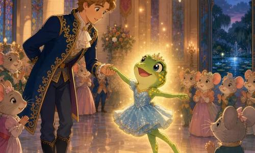 Aria, une petite grenouille au ventre rond à la peau vert émeraude parsemée de taches dorées, yeux pétillants et sourire lumineux, porte une robe courte scintillante bleu clair et un petit diadème; elle danse sur la pointe des pattes au centre d'un bal crépusculaire dans la grande salle du château — hauts piliers en pierre crème, vitraux colorés, énorme lustre en cristal et sol en marbre poli reflétant les personnages, portes ouvertes sur un étang lunaire — tandis qu'un jeune prince d'une vingtaine d'années, cheveux châtain clair, costume royal bleu marine brodé d'or, la tient par la main et la regarde avec étonnement et tendresse; une famille de petites souris grises vêtues comme des gentilshommes et demoiselles applaudit depuis le bord de la piste, et une douce lumière dorée commence à l'envelopper, annonçant une transformation magique.