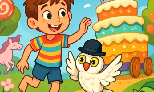 Un garçon de 10 ans, Léo, avec des cheveux châtains en bataille et des yeux curieux, danse joyeusement sous un ciel bleu, un sourire illuminant son visage. Il porte un t-shirt rayé coloré et un short en jean, pieds nus sur l'herbe. À ses côtés, une chouette avec un chapeau melon noir et des plumes blanches bat des ailes en rythme, observant Léo avec amusement. En arrière-plan, un immense gâteau d'anniversaire décoré de couches multicolores roule sur un chemin de caramel, ses bougies scintillant. Le décor est une forêt enchantée avec des arbres en bonbons et des fleurs en guimauve, où des lutins et des licornes dansent, créant une ambiance festive. La scène capture Léo tentant de convaincre le gâteau de revenir pour le bal, entouré de rires et de couleurs éclatantes.