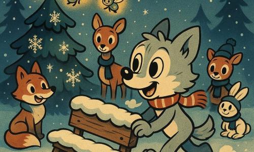 Un jeune loup anthropomorphe au pelage gris clair nuancé de crème, souriant et portant une petite écharpe rouge à rayures blanches, pousse un vieux banc en bois couvert de neige, souffle visible; une famille de lucioles aux corps verts translucides et halos dorés voltige en arc autour d’un sapin enchanté brillant d’une lueur chaude à hauteur de la tête du loup; un renard roux assis, une biche brune debout et un lapin blanc accroupi, vêtus de bonnets et écharpes simples, forment un demi-cercle émerveillé derrière le banc; le tout se déroule dans une clairière enneigée au crépuscule entre sapins sombres, flocons tombant et étoiles scintillantes, empreintes au sol, contrastes entre les lumières chaudes du sapin orné de flocons cristallins et les tons froids de la neige pour la veillée de Noël.