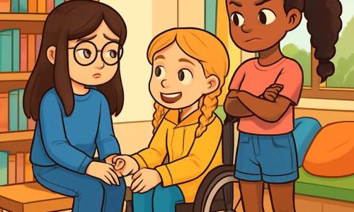 Il y a trois personnages : Jade, une fille de 10 ans avec de longs cheveux bruns et des lunettes rondes, assise sur un banc avec une expression pensive ; Lila, une fille de 11 ans en fauteuil roulant, avec des cheveux blonds en tresses et un sourire éclatant, tenant la main de Jade pour la réconforter ; et Fatou, une fille de 10 ans avec des cheveux crépus et une grande tresse, debout devant elles, les bras croisés, prête à les encourager. L'action se déroule dans une bibliothèque lumineuse, remplie de livres colorés et de coussins sur le sol. Les filles discutent de la séparation des parents de Jade, montrant tristesse, compréhension et solidarité.