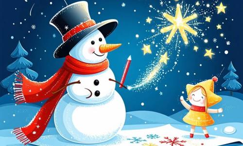 Nino, un bonhomme de neige joyeux avec un chapeau en feutre et une écharpe rouge, dessine un tableau d'hiver sur du papier blanc avec une craie colorée. À ses côtés, Luma, une étoile dorée, trace des étoiles dans le ciel avec un grand sourire. Flocon, un flocon de neige délicat, tourbillonne autour d'eux, créant des flocons dans l'air. Le paysage hivernal est enchanteur, avec des arbres enneigés et un ciel bleu clair, dégageant une atmosphère de magie et de joie où les amis s'amusent à créer une œuvre d'art pleine de couleurs et de lumière.