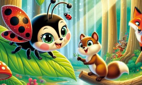 Lili, une petite coccinelle aux ailes rouges à pois noirs, danse joyeusement sur une feuille verte, ses yeux brillants de détermination. À ses côtés, Pinpin, un écureuil au pelage brun, l'observe avec curiosité, tenant une brindille. En arrière-plan, un renard orange aux yeux malicieux les regarde avec amusement, assis sur un rocher. Ils se trouvent dans une forêt enchantée, où des arbres majestueux laissent passer des rayons de soleil illuminant le sol fleuri. Lili et Pinpin se préparent à traverser un ruisseau tumultueux, avec des éclaboussures d'eau scintillantes, tandis que le renard les encourage espièglement.