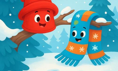 Petit Chapeau rouge, un petit chapeau en tissu doux et brillant, est perché sur une branche d'un vieux sapin, souriant et observant des traces dans la neige, ses bords légèrement froissés par le vent. À côté, Écharpe Douce, une écharpe en laine colorée avec des motifs de flocons de neige, est enroulée autour d'une branche voisine, affichant une expression enjouée et prête à explorer. Le décor est une forêt hivernale, couverte de neige scintillante sous un ciel bleu pastel, entourée de sapins majestueux. Petit Chapeau et Écharpe Douce découvrent des traces mystérieuses dans la neige, curieux et émerveillés, prêts à partir à l'aventure pour aider un ami.