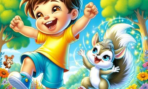 Un garçon de 4 ans, Petit Paul, avec des cheveux bruns en bataille et un grand sourire, danse dans un jardin ensoleillé. Il porte un short bleu et un t-shirt jaune, les bras levés. À côté de lui, un écureuil nommé Plume, avec une queue touffue, saute sur une branche, l'encourageant. Le jardin est rempli de fleurs colorées, d'arbres verts et d'un ciel bleu, créant une atmosphère joyeuse. Paul et Plume dansent ensemble, célébrant l'amitié et la joie.