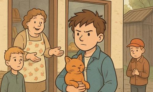 Paul, garçon d'environ 11 ans, visage concentré et fier, cheveux bruns en désordre, manteau bleu léger, tient contre sa poitrine Biscotte, le chat roux, et un petit sac en toile beige, debout au premier plan devant la boulangerie; Madame Lemoine, femme d'environ 50 ans, ronde et chaleureuse, en tablier à fleurs, sourit soulagée en tendant les mains vers le chat depuis l'embrasure de la porte; Théo, garçon d'environ 11 ans, cheveux blonds courts, visage inquiet mais soulagé, se tient à gauche près d'une pile de cageots; Maxime, environ 9 ans, casquette rouge sale, posture penaude, se tient en retrait près d'un vieux hangar en bois; lieu : devant une petite boulangerie de quartier au matin, vitrine de pains et viennoiseries, enseigne en bois, trottoir pavé humide, quelques platanes et un hangar usé en arrière-plan; situation : moment de révélation heureuse — chat retrouvé et sac rendu, lumière douce de printemps, couleurs chaudes et textures dessinées, composition centrée sur Paul et le chat pour transmettre émotion et résolution.