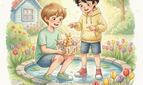 Deux garçons de 8 ans, Lucas (cheveux châtain clair coupés au carré, t-shirt vert menthe et short en jean, accroupi à gauche tenant une petite boîte décorée) et Hugo (cheveux noirs en bataille, sweat à capuche jaune pâle et baskets rouges, debout à droite pointant la boîte), découvrent au bord d’un petit étang rond dans un jardin printanier fleuri (tulipes rouges, jaunes et violettes, cabane en bois bleu clair) une boîte ouverte révélant des œufs en chocolat colorés et une petite statuette de lapin dorée ; ambiance aquarelle douce aux lumières dorées du matin, gouttes d’eau scintillantes et expressions d’émerveillement sur leurs visages.