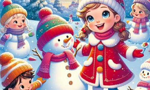 Clara, une petite fille de 5 ans aux joues roses et aux yeux pétillants, porte un manteau rouge vif et un bonnet à pompon. Elle sourit en ouvrant les bras devant un bonhomme de neige qu'elle vient de créer. À ses côtés, Lucas, un garçon de 6 ans aux cheveux bruns et aux lunettes rondes, rit en ajoutant une écharpe colorée au bonhomme. Emma, une petite fille de 5 ans avec des tresses blondes, tient une carotte pour le nez du bonhomme, les yeux brillants d'excitation. Le parc est recouvert de neige scintillante, avec des arbres chargés de neige et un ciel bleu clair. Clara et ses amis construisent un village de neige, entourés de bonhommes de neige décorés, tout en riant et s'amusant dans cette ambiance hivernale magique.