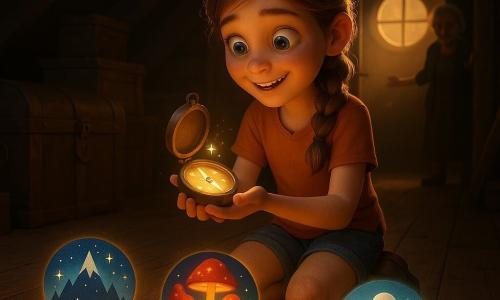 Une fillette de 10 ans, émerveillée, yeux brillants et sourire timide, cheveux châtain clair en tresse, genoux égratignés sous un short, tient une petite boussole en bois luminescente ; la boussole animée, avec une aiguille scintillante et une minuscule bouche lumineuse, flotte au-dessus de ses mains et projette au sol trois icônes lumineuses — une montagne étoilée bleu nuit et or, une forêt de champignons-lampes rouge-orange-vert et une mer de nuages aux îles flottantes nacrées et azur — tandis qu’au fond, une silhouette de grand-mère d’environ 70 ans se dessine dans l’embrasure d’une porte du grenier encombré (poutres sombres, planches apparentes, malles poussiéreuses) baigné d’un rayon de lumière chaude; la fillette, agenouillée au centre des projections, vit l’instant magique où la boussole indique les « directions du cœur », expression d’émerveillement et de décision, contraste de lumière chaleureuse et d’ombre douce.