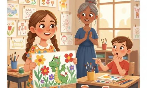 Lila, 8 ans, rayonnante et fière, joueuse de confiance avec joues rosées et tresses châtain clair, tient devant elle un grand dessin plastifié représentant un jardin enchanté aux fleurs vives et un dragon souriant ; derrière elle, à quelques pas, la maîtresse d'une quarantaine d'années, cheveux gris-brun en chignon et robe bleu marine, applaudit bienveillante ; à une table proche, Thomas, garçon de 8 ans en t-shirt rouge et cheveux courts bruns, est assis, surpris et admiratif, une main sur la bouche et l'autre pointant le dessin ; la classe lumineuse d'école primaire a des murs couverts de dessins colorés, tables en bois clair, pots de gouache et crayons éparpillés, et une grande fenêtre laissant entrer une douce lumière d'après-midi ; scène centrée sur Lila et son œuvre, couleurs chaudes, textures de gouache visibles, atmosphère joyeuse et encourageante.