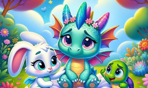 Une petite dragonne nommée Doudou, avec des écailles turquoise et des ailes multicolores, est allongée sur un nuage, affichant une expression triste. À côté d'elle, Titi le lapin, au pelage blanc et aux grandes oreilles, la regarde avec inquiétude, tandis que Lili la tortue, avec une carapace verte, sourit d'encouragement. Ils se trouvent dans un jardin enchanté, rempli de fleurs éclatantes et d'arbres scintillants, sous un ciel bleu clair. Doudou reçoit des câlins réconfortants, tandis que Titi et Lili préparent une potion magique, symbolisant l'amitié et le soutien.