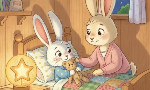 Petit Léo, petit lapin blanc aux grandes oreilles, en pyjama bleu à étoiles serre son doudou beige avec une expression inquiète mais apaisée; Maman Lapine au pelage crème, accroupie au bord du lit, pose une main rassurante sur son épaule; une lampe en forme d’étoile diffuse une lumière jaune chaude qui projette l’ombre des oreilles au mur; chambre en bois clair avec une courtepointe patchwork, une fenêtre montrant la lune et quelques étoiles et un sachet de lavande sur une étagère, ambiance nocturne calme, couleurs chaudes et textures gouache visibles.
