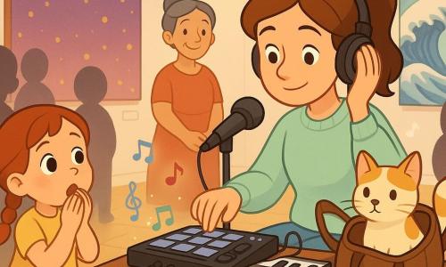 Mila, adulte, visage souriant et concentré, cheveux châtains en queue de cheval, pull pastel et jeans, assise derrière une petite table avec une machine à pads, un clavier et un micro, tapotant les pads d’une main et tenant un casque de l’autre, expression calme ; Madame Aïcha, femme adulte aux cheveux gris foncé en chignon et robe colorée, debout en retrait près d’un tableau, sourire bienveillant et regard admiratif ; une fillette d’environ 6 ans, cheveux tressés, robe jaune, bouche couverte de mains, émerveillée au premier plan gauche ; un garçon d’environ 7 ans en manteau bleu, marche doucement derrière la table, curieux des câbles rangés ; Nougat le chat mâle crème et caramel installé dans un petit sac ouvert sur la table, oreille levée, regard tranquille ; lieu : galerie d’art lumineuse aux murs blancs, grandes toiles colorées, sol en bois clair, lampes suspendues et petites lucioles décoratives ; situation : Mila crée un beat en direct au centre, public en demi-cercle qui chuchote, lumières tamisées, câbles ordonnés, petites icônes sonores flottantes, atmosphère douce et magique.