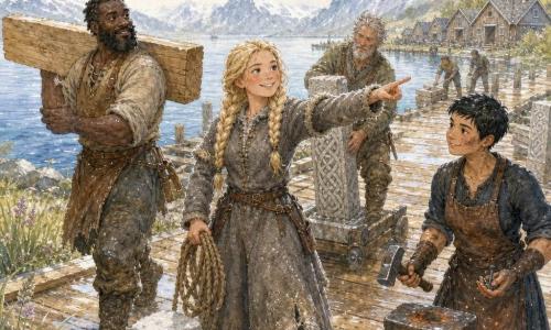 Astrid, souriante et déterminée, cheveux blonds tressés, manteau de laine grise sali par la mer, se tient au centre du nouveau quai en construction, tenant une corde et pointant vers l’horizon ; à sa droite Tor, charpentier d’environ 40 ans, robuste et barbu, bottes boueuses, porte une grande planche ; à sa gauche Freja, forgeronne d’environ 35 ans, cheveux courts et mains noircies, tient un marteau et des clous dans son tablier près d’un petit feu d’étincelles ; derrière eux Olaf, sculpteur d’environ 50 ans aux cheveux gris et au visage buriné, hisse un pilier de pierre sculptée appuyé sur un chariot de galets. Le quai neuf montre des planches de bois clair humides, piliers de pierre gravée, clous et outils éparpillés, boue et hautes herbes sur le rivage ; le fjord calme reflète l’air froid, montagnes enneigées à l’arrière-plan, nuages légers, mouettes en vol et quelques maisons en bois au bord. Scène de reconstruction collective après la tempête : artisans et villageois travaillent ensemble, expressions concentrées et gestes d’entraide, énergie chaleureuse malgré l’air frais.