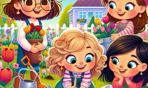 Quatre filles de 10 ans sont réunies dans un jardin printanier coloré. Camille, cheveux bruns et lunettes rondes, tient une pelle au centre. À sa droite, Chloé, aux cheveux blonds et bouclés, plante des bulbes de tulipes. À gauche, Sarah, avec des cheveux châtains et une casquette, observe les pousses avec un arrosoir. Enfin, Emma, aux cheveux raides et noirs, dessine des fleurs dans son carnet, souriante. Le jardin est rempli de fleurs éclatantes : tulipes rouges, jonquilles jaunes et primevères violettes, sous un ciel bleu et ensoleillé. Des guirlandes de papier coloré flottent, apportant une touche festive. Les filles travaillent ensemble avec enthousiasme, partageant rires et complicité tout en plantant des fleurs.
