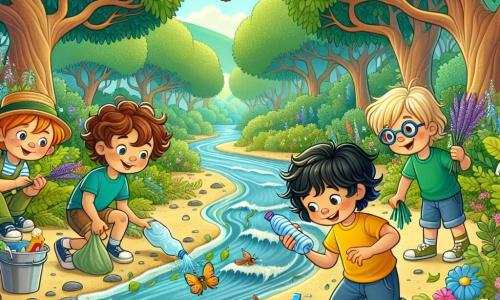 Dans un parc naturel verdoyant, quatre garçons de sept ans sont en action. Léo, avec des cheveux bruns et un t-shirt jaune, tient une bouteille en plastique. Max, portant des lunettes rondes et des cheveux blonds, observe la rivière. Tom, avec un t-shirt vert, ramasse des déchets en souriant, tandis que Julien, avec des cheveux noirs et un chapeau de paille, montre une fleur violette à ses amis. Le parc est lumineux, avec des arbres majestueux, une rivière troublée par des déchets, des oiseaux chantant et des fleurs colorées. Les garçons nettoient la rivière, déterminés à protéger la nature.