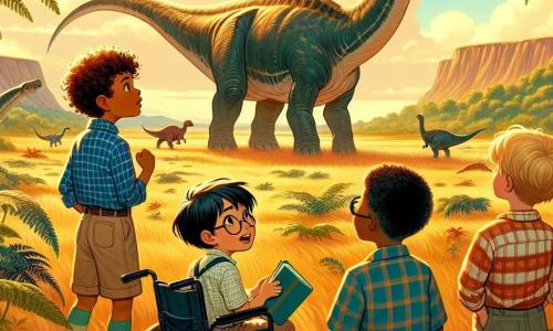 Dans une vaste plaine préhistorique, quatre garçons admirent un brontosaure. Antoine, 10 ans, cheveux bruns en bataille, tient un carnet. Lucas, 9 ans, blond et en fauteuil roulant, est excité. Théo, 10 ans, cheveux noirs et taches de rousseur, lève les bras. Mehdi, 11 ans, aux cheveux bouclés et lunettes, observe avec curiosité. Le paysage est illuminé par une lumière dorée, avec des fougères géantes et des arbres luxuriants sous un ciel bleu parsemé de nuages. En arrière-plan, des montagnes ajoutent du mystère. Les garçons ont voyagé dans le temps et découvrent le monde des dinosaures, réalisant qu'ils vivent une aventure incroyable.