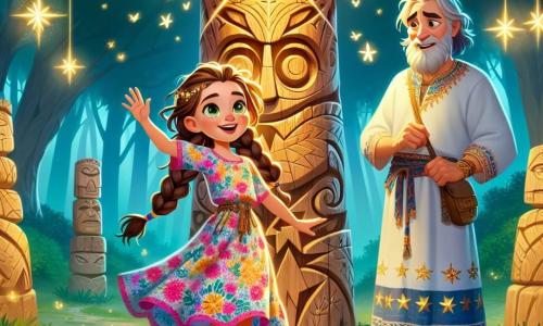 Lila, une fille de 10 ans aux tresses brunes et aux yeux curieux, se tient devant un totem en bois sculpté, son visage rayonnant de joie. Elle porte une robe colorée et des sandales en cuir, les bras levés en signe de victoire. À ses côtés se trouve le Gardien des Étoiles, un homme âgé d'environ 70 ans avec des cheveux argentés, qui sourit avec fierté, vêtu d'une tunique bleue ornée d'étoiles dorées. La scène se déroule dans une clairière entourée d'arbres majestueux, éclairée par une étoile brillante. Lila vient de redresser le totem, qui émet une lueur dorée, créant une ambiance féerique.