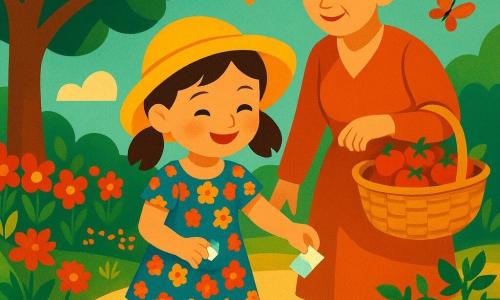Lola, une fillette de 4 ans aux cheveux bruns en couettes et chapeau jaune, ramasse un papier brillant qu'elle glisse dans sa poche, accompagnée d'une mamie d'environ 70 ans aux cheveux gris en chignon tenant un panier de tomates, tandis qu'une coccinelle et quelques papillons voltigent dans un jardin estival ensoleillé aux plates-bandes colorées, allée de sable clair, grand arbre ombrageant, le tout dans une composition lumineuse et stylisée aux formes géométriques rappelant l'art déco.