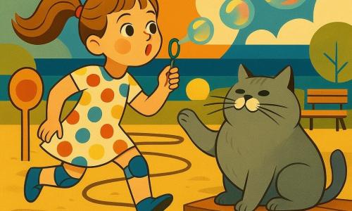 Zoé, 6 ans, rayonnante, souffle des bulles à la paille en courant près d’un train de bulles colorées ; cheveux châtain clair en couettes, robe à pois, genouillères, yeux brillants, bouche entrouverte. À côté, un chat gris mâle, gros et moelleux, moustachu, assis près des cordes‑voie, patte levée et regardant les bulles. La gare improvisée — rebord de bac à sable avec une vieille cuillère peinte en panneau, cordes à sauter formant une voie sinueuse, une louche en avant comme rampe, un banc en bois et un petit pont au‑dessus d’une rigole brillante — laisse passer un train de bulles translucides réfléchissant des éclats arc‑en‑ciel, sous un vent coquin ; couleurs vives, lignes stylisées, textures lisses, ambiance joyeuse et magique.