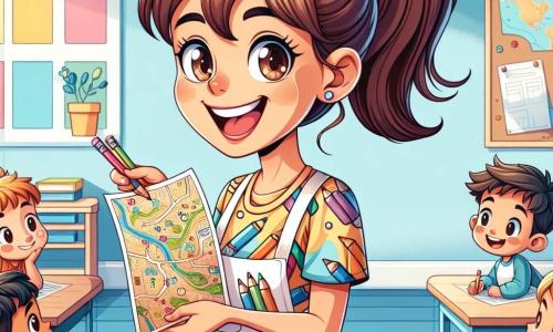 Une institutrice, Madame Claire, se tient au centre de sa classe lumineuse, souriante et enthousiaste. Elle porte une blouse colorée avec des motifs de crayons et tient une carte en papier. À sa droite, Léo, un garçon de 8 ans avec des cheveux bruns en bataille et un t-shirt bleu, observe la carte avec curiosité. À gauche, Lina, une fille de 9 ans aux cheveux longs, sourit en tenant une feuille décorée de dessins colorés. La classe est ornée d'affiches colorées, de tables en cercle et d'un coin lecture confortable. Madame Claire explique une chasse au trésor mathématique, entourée d'enfants attentifs, créant une atmosphère joyeuse et dynamique.