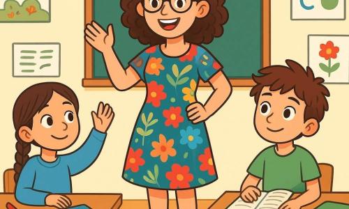 Maîtresse Lila, une femme souriante d'une trentaine d'années aux cheveux bouclés et lunettes rondes, se tient au centre de la classe dans une robe colorée à motifs floraux. Son visage rayonne de joie alors qu'elle explique un concept aux élèves. À sa droite, Théo, un garçon de 9 ans aux cheveux bruns, l'écoute attentivement avec un léger sourire, un cahier ouvert devant lui. À gauche, Zoé, une fille de 8 ans avec des tresses et un pull bleu, lève la main pour poser une question. La scène se déroule dans une salle de classe lumineuse, décorée de dessins d'enfants et d'affiches colorées. Maîtresse Lila guide ses élèves dans une activité interactive, créant une atmosphère d'apprentissage joyeuse et collaborative.