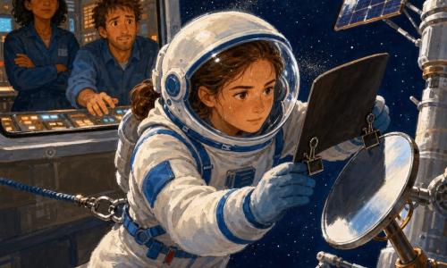 Anaïs, casque à visière claire, cheveux châtains attachés, combinaison spatiale blanche et bleue marquée de sueur, souriante mais concentrée, fixe avec deux pinces un petit pare-lumière sombre sur un miroir métallique, attachée à la station par une ligne de sécurité; Milo, une trentaine d'années, cheveux en bataille, anxieux mais plein d'espoir, visible derrière une fenêtre de la salle de contrôle tapant sur une console lumineuse et suivant Anaïs; Sanaa, quarantaine, peau brune, calme, bras croisés près d'un panneau d'écrans clignotants, surveille la manœuvre; décor : petite station météo spatiale métallique avec bras fins, panneaux solaires brillants et un petit miroir circulaire, ciel étoilé en arrière-plan; scène : sortie courte d'Anaïs pour poser un pare-soleil sur un miroir de calibration afin d'éviter des reflets, tension calme, micro-débris suggéré par une traînée de poussière près du casque; style : gouache aux couleurs saturées mais douces, textures de pinceau visibles, contrastes chauds et froids, composition centrée sur Anaïs avec Milo et Sanaa en arrière-plan.