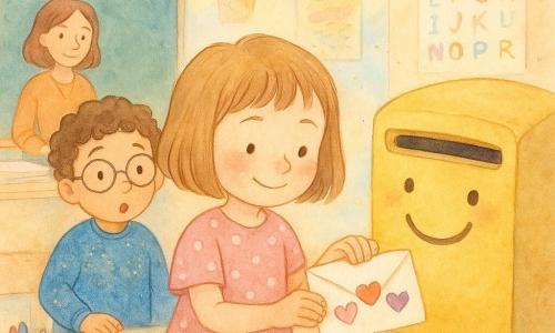 Lila, 6 ans, cheveux châtain clair en carré, sourit timidement et glisse une petite enveloppe blanche décorée de trois cœurs dans une grande boîte aux lettres de classe souriante pendant que Noé, 6 ans, lunettes rondes et pull bleu pailleté, la regarde amusé ; Aïcha, 6 ans, cheveux noirs en tresse et tablier de peinture rose, découpe des cœurs en papier à une table voisine en souriant, la maîtresse observe bienveillante près du tableau ; la classe lumineuse est décorée de guirlandes de cœurs, pots de feutres, boîtes de paillettes et affiches, l’enveloppe fermée par un autocollant chat et quelques paillettes flottent dans l’air, ambiance douce et joyeuse aux tons aquarelle pastels.
