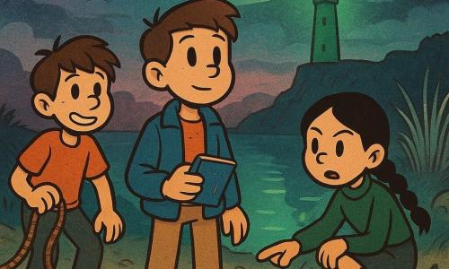 Trois enfants dans une clairière nocturne magique au bord d’une plage pâle : Léo, 12 ans, cheveux châtain courts, veste bleue et pantalon beige, tient un petit carnet bleu mouillé et se tient au centre, regard plein d’espoir vers un phare d’émeraude au loin ; Inès, 11 ans, cheveux noirs en longue tresse, pull vert forêt, accroupie à droite de Léo, pointe du doigt une surface d’eau miroir ; Yanis, 12 ans, cheveux bruns en bataille, t-shirt orange, à gauche de Léo, main sur une corde et tenant un petit caillou transparent qui tinte. Ils sont devant la Source-Miroir, un bassin d’eau parfaitement lisse reflétant le phare, prêts à traverser un passage liquide ; ambiance d’aventure douce aux éclairages chaud et vert, ombres rondes, détails texturés et expressions mêlant peur contenue, détermination et amitié, style cartoon rétro aux couleurs saturées mais douces et contours souples.