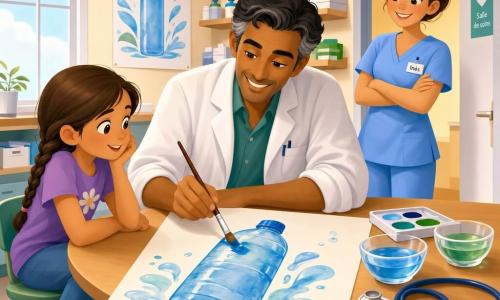 Le docteur Malik, souriant, cheveux noirs poivre et sel, manches de blouse retroussées, peint au pinceau humide une grande gourde bleue sur une feuille posée sur une table en bois tandis qu’Inès l’infirmière, la trentaine, cheveux en chignon, sourit bras croisés à la porte et Lila, 9 ans, tresse brune, regarde fascinée depuis une petite chaise ; dans ce cabinet lumineux à grande fenêtre on voit étagères avec flacons, boîte de pansements et bols d’aquarelle bleu et vert, et l’affiche préventive « gourde souriante » prend forme avec coups de pinceau et gouttes d’eau dans une ambiance chaleureuse et rassurante.