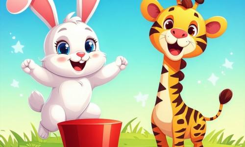 Léo le lapin, avec son pelage blanc et doux, saute avec enthousiasme au-dessus d'un grand chapeau rouge. Zoé la girafe, prête à sauter aussi, se tient à côté de lui, tandis que Toto le tigre se prépare à bondir derrière eux, riant. Le décor est un champ ensoleillé avec des fleurs colorées et des arbres sous un ciel bleu. Les amis animaux s'apprêtent à sauter ensemble par-dessus le chapeau, créant une atmosphère joyeuse.