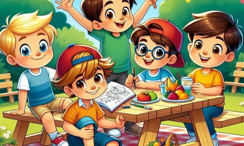 Dans un parc ensoleillé, quatre enfants se sont réunis autour d'une table de pique-nique en bois. Lucas, 10 ans, aux cheveux bruns et sourire enthousiaste, tient un carnet de croquis. Samir, 10 ans, aux cheveux blonds et lunettes rondes, est penché sur une assiette de fruits. Léo, 11 ans, avec des cheveux châtains, lève les bras comme s'il annonçait une grande nouvelle. Hugo, 10 ans, avec une canne, est assis à côté de Lucas, exprimant sa joie. Le parc, rempli de fleurs et d'arbres, crée une ambiance estivale. Les enfants rient et discutent de leurs projets d'été, rêvant d'aventures ensemble.