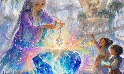 Lyra, au visage doux et concentré et aux cheveux mi-longs argentés en tresse, tient une amulette brillante au-dessus d’un grand cristal bleu fissuré au centre d’un anneau spatial aux dalles métalliques et jardins suspendus ; elle paraît déterminée et sereine dans son manteau irisé violet et teal pendant qu’un vieil homme aux cheveux blancs en chignon la bénit depuis une tour d’ivoire en arrière-plan et que deux enfants, amusés, tiennent des lanternes flottantes au premier plan ; l’amulette touche le cristal et libère une douce explosion de couleurs arc‑en‑ciel et de particules lumineuses, créant une atmosphère magique, calme et pleine d’espoir.