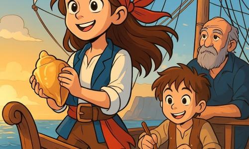 Une jeune fille pirate, Maëlle, se tient fièrement à la proue d'un navire, ses cheveux bruns flottant au vent et un foulard rouge autour de sa tête. Elle exprime une détermination joyeuse, tenant une conque brillante, prête à la rendre à son endroit d'origine. À ses côtés, Téo, un garçon d'environ 10 ans, prépare une soupe sur un petit feu, ses mains pleines de farine et de sel. Plus loin, Vieux Corentin, un homme âgé avec une barbe grise, observe la mer pensivement. Le décor se situe sur le pont du vieux navire pirate La Bravade, avec des voiles blanches et une mer scintillante sous le soleil couchant. Maëlle, déterminée et courageuse, s'apprête à rendre la conque, un acte de bravoure qui pourrait changer leur voyage.