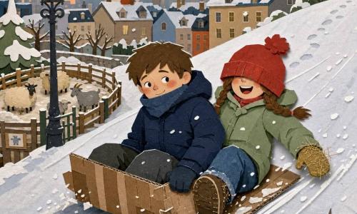 Deux enfants de 11 ans glissent côte à côte sur un carton improvisé le long d’une petite colline urbaine enneigée : Hugo, garçon aux cheveux châtains courts, manteau bleu foncé et écharpe, assis à gauche en tenant le carton et souriant timidement, et Lina, fille aux tresses brunes, bonnet rouge trop grand, manteau vert clair et gants sales, assise à droite poussant du pied et criant patate; en arrière-plan, toits aux cheminées fumantes, un lampadaire en fer forgé et, sur la gauche, un enclos de ferme pédagogique avec moutons et chèvres, le tout sous un ciel pâle teinté d’orange au coucher.