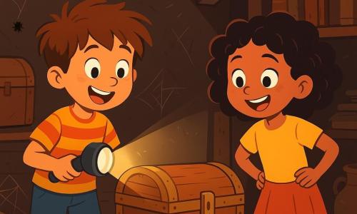 Un garçon de 8 ans, Lucas, aux cheveux châtains en bataille et aux yeux curieux, se tient dans un grenier poussiéreux. Il porte un t-shirt rayé et un short, tenant une lampe torche qui éclaire une boîte en bois ancienne, son visage rayonnant d'excitation. À ses côtés, sa meilleure amie Zoé, 9 ans, avec des cheveux bouclés et un sourire éclatant, observe la boîte avec enthousiasme. Le grenier est rempli de vieux objets, créant une atmosphère mystérieuse. Lucas et Zoé découvrent une boîte en bois mystérieuse, pleine de trésors oubliés, et sont excités à l'idée de retrouver les propriétaires de ces objets perdus.