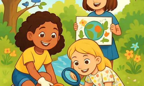 Trois personnages sont présents : Clara, une fille de 10 ans avec des boucles brunes et un t-shirt jaune, ramasse des déchets près d'un ruisseau. Léa, également âgée de 10 ans, examine un morceau de plastique avec une loupe, vêtue d'une blouse à fleurs et d'un pantalon vert. Sofia, avec des cheveux châtains et un t-shirt bleu, tient une affiche sur la protection de l'environnement. Le ruisseau est entouré de verdure, d'arbres majestueux et de fleurs sauvages. Les trois amies, souriantes et déterminées, ramassent des déchets et encouragent d'autres enfants à les rejoindre pour protéger leur environnement.