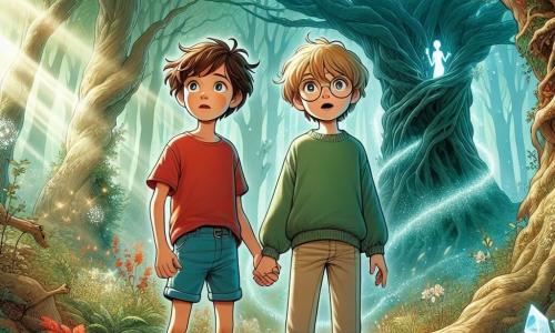 Deux garçons, Maxime et Lucas, âgés de neuf ans, se tiennent au centre de la scène. Maxime a des cheveux bruns en bataille et porte un t-shirt rouge et un short bleu, tandis que Lucas, aux cheveux blonds et aux lunettes rondes, est vêtu d'un pull vert et d'un pantalon beige. Ils affichent un mélange d'excitation et de peur sur leurs visages. La scène se déroule dans une forêt mystérieuse avec de grands arbres et un ancien chêne creux en arrière-plan, émettant une lueur douce. Devant l'arbre, une silhouette éthérée, l'esprit de la forêt, apparaît, entourée de cristaux scintillants. Les garçons, bien que nerveux, sont déterminés à affronter l'inconnu et à découvrir le trésor caché.
