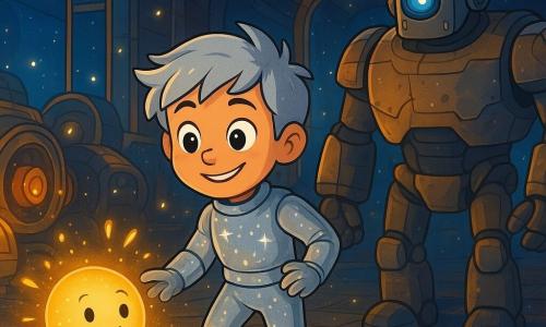 Un jeune homme nommé Elios, aux cheveux argentés et aux yeux curieux, se tient au centre d'un dock spatial lumineux. Il porte une combinaison argentée et affiche un sourire déterminé. À ses côtés, Luni, une boule de lumière joyeuse, danse autour de lui, émettant des étincelles dorées. Un robot réparateur nommé Rax, grand et imposant, observe avec un air protecteur. Le dock est vaste, rempli de moteurs gravés émettant une douce lueur, tandis que des lucioles flottent dans l'air. La scène est colorée et magique, avec des étoiles visibles à travers les fenêtres. Elios, Luni et Rax se préparent à ramener la lumière d'un moteur ancien, tandis que des ombres mystérieuses dansent autour d'eux.