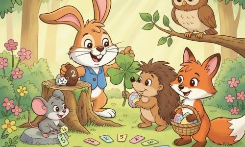 Malo le lapin : lapin anthropomorphe au pelage caramel, grandes oreilles, large sourire, petit gilet bleu, tenant un œuf en chocolat étiqueté, déposant un œuf derrière une souche moussue ; Zoé la souris : petite souris grise aux yeux ronds, souriante, accroupie à gauche en train d’agencer des étiquettes colorées ; Léon le hérisson : hérisson brun aux piquants ronds, enjoué, à droite tenant un œuf sous une feuille de trèfle ; Cléo la renarde : renarde roux-orange, yeux pétillants, portant un panier tressé rempli d’œufs, un peu en avant à droite ; Oscar le hibou : hibou brun clair perché sur une branche basse observant la scène ; clairière en forêt : pelouse verte parsemée de fleurs roses et jaunes, souches mousseuses, rayons de soleil filtrant, petites cachettes (sous pierre, entre fougères) et œufs pastel (rose, jaune, vert) étiquetés ; situation : chasse aux œufs de Pâques joyeuse et collaborative autour d’un cercle d’étiquettes formant une phrase, ambiance chaleureuse, couleurs pastel, contours doux, style cartoon années 90.