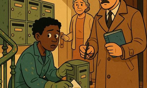 Un détective de 40–50 ans au visage sérieux mais bienveillant, trench-coat brun clair, chapeau bas et fine moustache, tient une couverture de livre bleue usée et un petit carnet, regard pénétrant prêt à interroger ; devant la boîte aux lettres, Nora, 25–30 ans, veste de travail tachée de peinture verte et gants peinturlurés, accroupie et nerveuse, glisse une note pliée indiquant « Rendez-le avant dimanche » ; en arrière-plan Mme Lenoir, environ 60 ans, cardigan beige et cheveux gris en chignon, main sur la poignée de sa porte, visage triste mais soulagé ; décor : palier d’immeuble ancien avec carrelage ocre usé, rampe en fer forgé écaillée, rangée de boîtes aux lettres métalliques et lumière jaune d’un vieil abat-jour projetant longues ombres ; scène serrée et silencieuse, atmosphère de mystère sans menace, palette chaude légèrement désaturée, style BD franco-belge aux contours clairs.