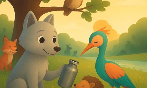 Un petit loup gris clair aux yeux noisette, assis sous un grand chêne, tend une gourde métallique abîmée avec un sourire discret ; Florette, étrange oiseau de la vallée des rochers aux plumes turquoise, corail et or, au long cou élégant, s’assoit près de lui et prend la gourde délicatement, tandis que Fiton le hérisson rond aux épines brunes boit, joyeux, légèrement devant et à droite du loup ; en arrière-plan un renard roux sourit, une chouette perchée et quelques silhouettes animales observent; herbe haute et fleurs jaunes, sentier terreux, quelques cailloux brillants et une rivière scintillante sous un ciel d’après-midi doré; atmosphère chaleureuse et paisible, partage et solidarité, lumière douce et couleurs chaudes.