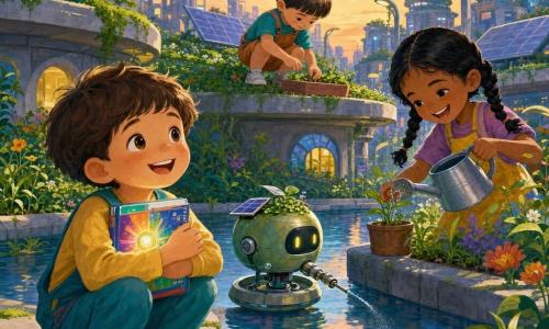 Dans un parc urbain futuriste, trois enfants d’environ 4–5 ans — Léo, souriant, tenant contre sa poitrine un livre-lumière coloré; une fillette aux tresses noires arrosant doucement un pot depuis un arrosoir métallique; et un garçon à la coupe au bol plantant des graines sur un toit bas — jouent près d’une capsule-bibliothèque brillante flottant sur un canal tandis qu’un petit robot-plante vert à panneaux solaires arrose et plante une pousse; eau claire reflétant le ciel, toits-jardins, panneaux solaires et lampadaires organiques baignent la scène d’une lumière du soir douce et pleine d’espoir.