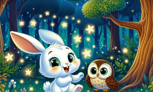 Un petit lapin blanc nommé Lila, avec de grandes oreilles et des yeux brillants, se trouve dans une forêt sombre mais magique, exprimant curiosité et émerveillement. Elle saute joyeusement, entourée de petites étoiles scintillantes. À côté d'elle, un hibou sage aux plumes brunes et dorées, perché sur une branche, la regarde avec un sourire encourageant. La scène se déroule dans une forêt enchantée, avec des arbres majestueux et des feuilles brillantes sous la lumière des étoiles, tandis que le sol est tapissé de fleurs colorées. Lila, d'abord effrayée par l'obscurité, découvre la beauté de la nuit en écoutant les chants des grillons et en admirant les lucioles, transformant sa peur en joie.