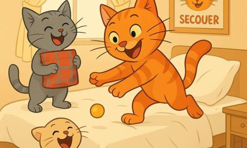 Mino, un chat anthropomorphe orange aux longues moustaches et aux yeux malicieux, saute sur un lit pour attraper une petite bille jaune tandis que Lila, une chatte grise élégante, rit en serrant un coussin rouge et bleu à sa gauche et que le chaton beige Pipo, assis au pied du lit, tient la bille en riant ; la scène se déroule dans une chambre d’invités lumineuse et ordonnée avec grand oreiller blanc affaissé, rideaux crème, table de chevet en bois clair et coussins éparpillés, illustrant un chaos doux et comique aux couleurs vives et contrastes chauds, avec des détails ludiques comme un coussin qui bascule et une affiche « NE PAS SECOUER ».