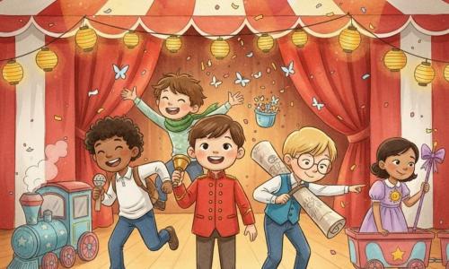Cinq enfants dans une grande tente de cirque rouge et blanche au plancher en bois ciré : Tom (8 ans) cheveux bruns courts, veste rouge, sonne une petite clochette ; Malik (8 ans) peau mate, cheveux noirs bouclés, chemise jaune, rit en tenant un micro en carton ; Hugo (8 ans) cheveux blonds, lunettes rondes, gilet bleu, montre un dessin/plan à l’épaule ; Léo (8 ans) cheveux châtains, écharpe verte, lance des confettis ; Rosa (7 ans) robe lavande, canne violette avec ruban et badge soleil, sourit en montant dans le wagon du mini-train étoilé à gauche ; ambiance festive aux projecteurs chauds, rideaux de velours rouge et guirlandes de lampions, couleurs chaudes et touches d’aquarelle.