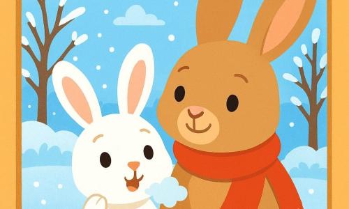 Petit Lapin, un adorable lapin aux grandes oreilles et au pelage blanc, regarde émerveillé par une fenêtre embuée, son visage rayonnant de curiosité et de joie. À ses côtés, Maman Lapin, une lapine au pelage brun clair avec une écharpe rouge, sourit tendrement, ses yeux pétillants de chaleur. Le jardin est recouvert de neige scintillante, avec des arbres dénudés chargés de flocons, sous un ciel bleu clair. Petit Lapin souffle sur la vitre, formant un nuage de vapeur, tandis que Maman Lapin l'enlace doucement, créant une atmosphère chaleureuse en plein hiver.