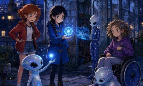 Sur le toit d’un immeuble la nuit, devant une vieille serre en verre poussiéreux à porte entrouverte, trois filles de 11 ans — Nora, tresse sombre et manteau bleu au centre regardant curieusement une petite sphère lumineuse, Lina à gauche aux cheveux courts et baskets rouges, posture vive, et Jade à droite en fauteuil roulant, main sur un objet rond — rencontrent trois petits extraterrestres : Aïo, perlé aux grands yeux noirs tenant la sphère flottante, Miri, élancé en combinaison étoilée projetant des hologrammes du marché, et Tekk, trapu touchant un pavé soulevé; ambiance calme et magique, lumière bleutée et paillettes flottantes, expressions stupéfaites et bienveillantes, style manga aux couleurs nocturnes contrastées.