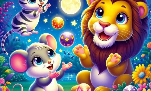 Une petite souris nommée Mimi, avec un pelage gris et des yeux curieux, sourit en jonglant avec des balles colorées. À côté d'elle, Léo, le lion aux crins dorés, applaudit avec enthousiasme. En arrière-plan, Zoé, le zèbre rayé, les observe avec un sourire. Ils se trouvent dans un zoo enchanté, rempli de fleurs lumineuses et d'arbres scintillants, sous un ciel étoilé. Mimi et Léo s'amusent ensemble, créant une ambiance joyeuse.
